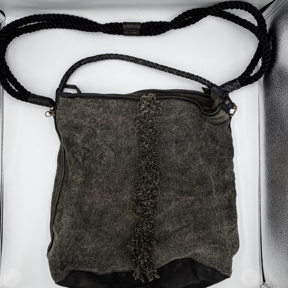 Free People Canvas Leather Grey Black Bohemian Fringed Slouchy Crossbody Bag - Picture 1 of 8